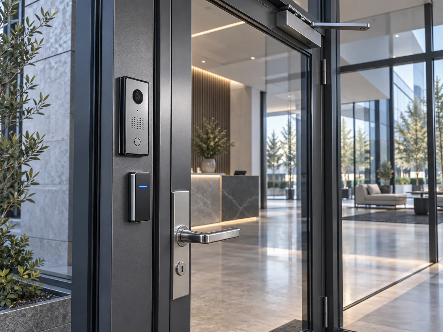 Illustration of a commercial entrance with a card reader, video intercom, and electronic door hardware.