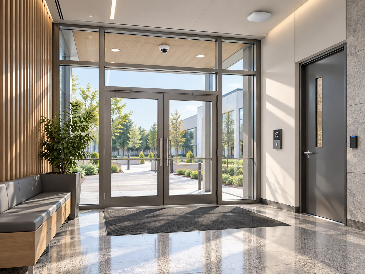 Illustration of a school entrance with controlled doors, a video intercom, cameras, and wireless infrastructure.