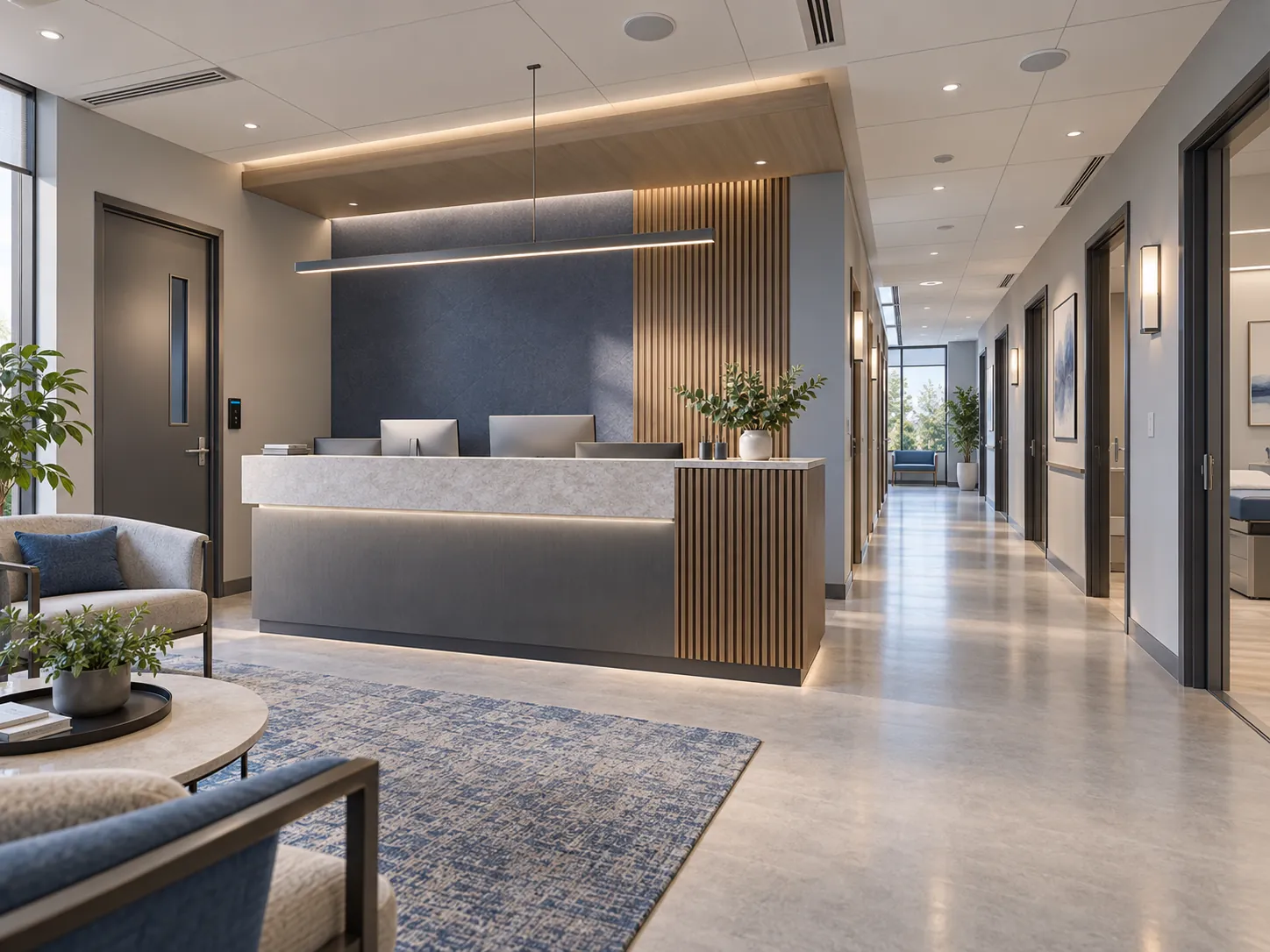 Illustration of a clinic reception area with controlled staff access and ceiling sound masking equipment.