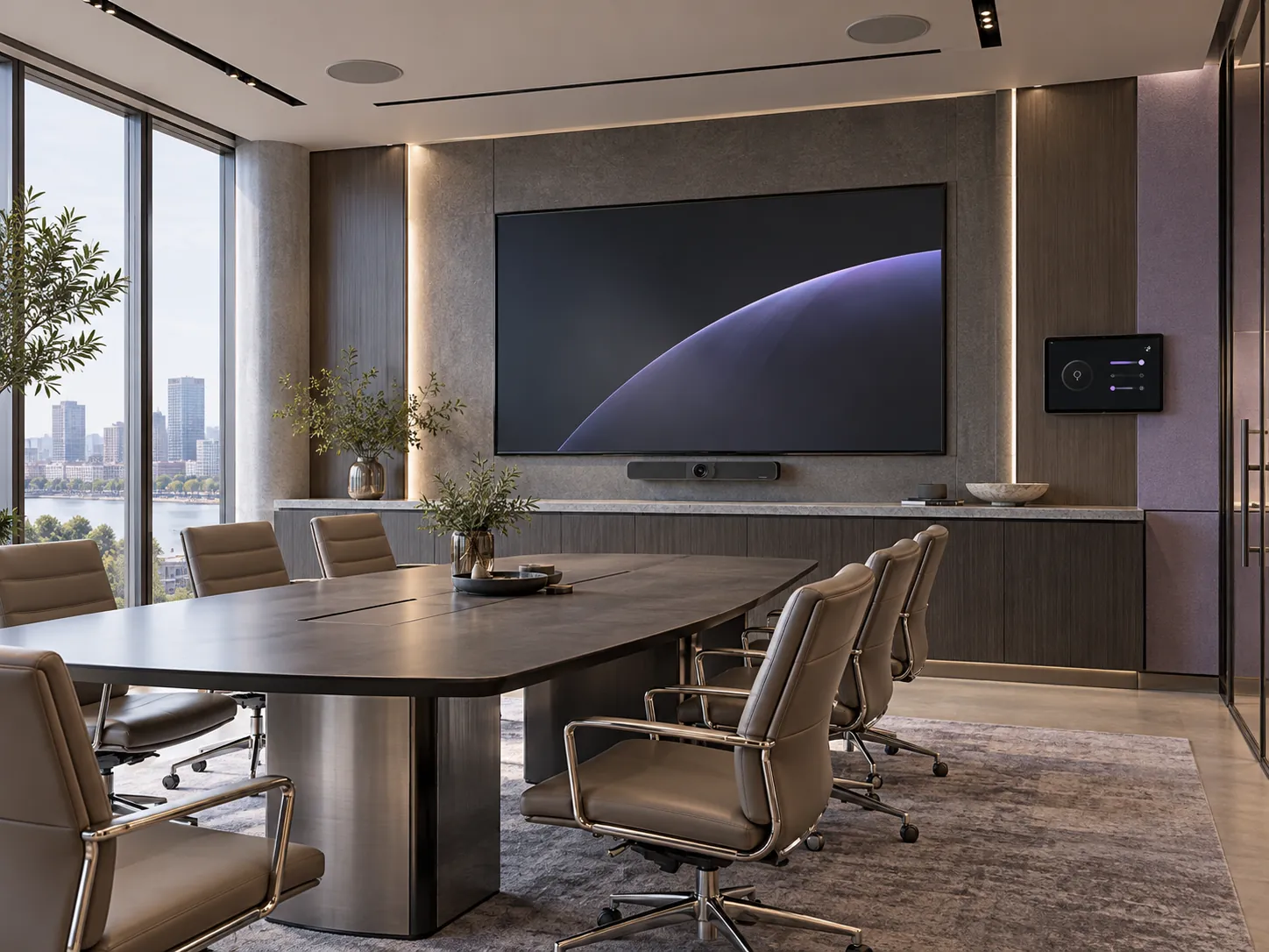 Illustration of a modern room with coordinated lighting, audiovisual equipment, and a touch control panel.