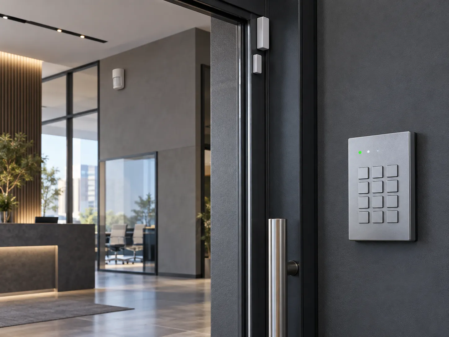 Illustration of an intrusion alarm keypad and entrance sensors in a commercial interior.