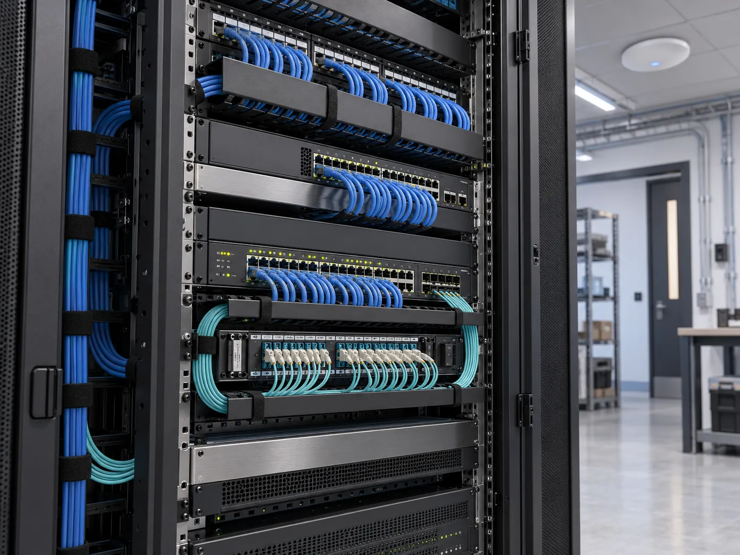 Illustration of an organized network rack with copper cabling, fiber connections, and a wireless access point.