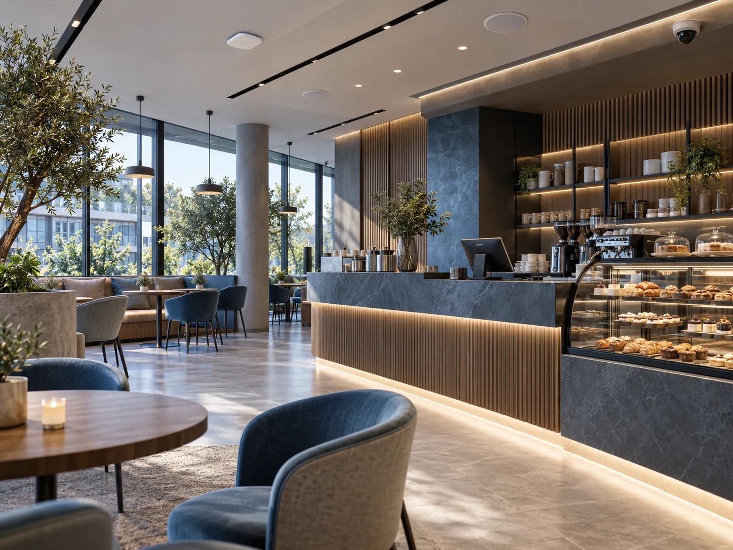 Illustration of a retail and dining space with a checkout, security cameras, ceiling audio, and wireless access.