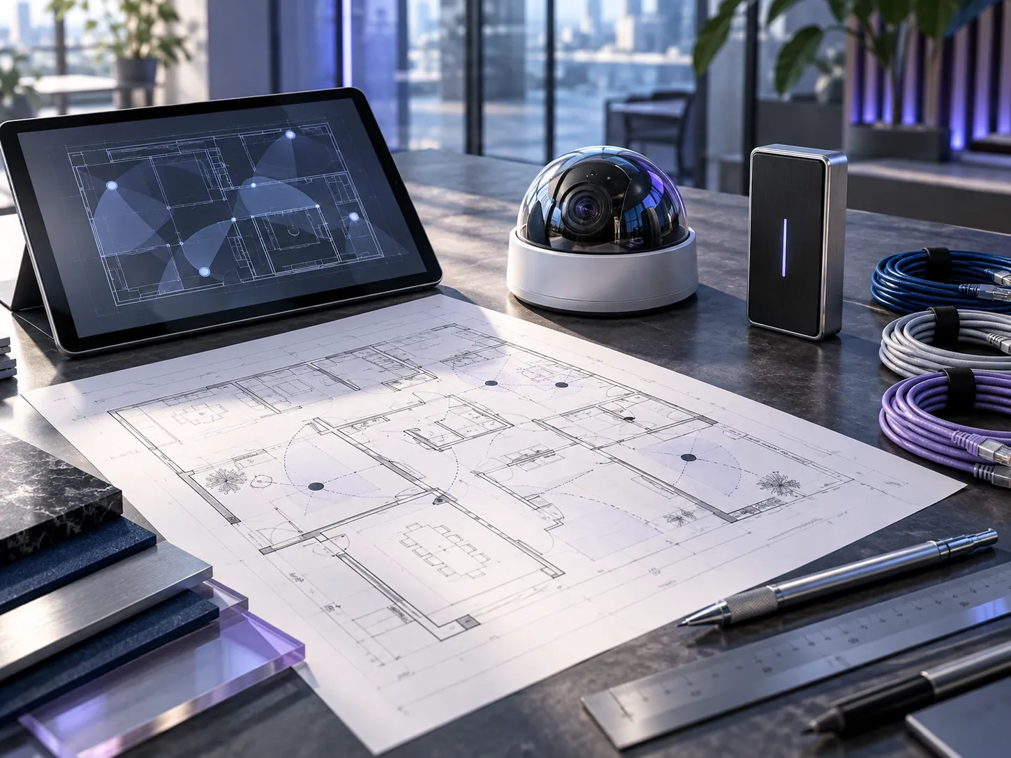 Illustration of a security engineering workspace with a building plan, tablet, camera, and entry reader.