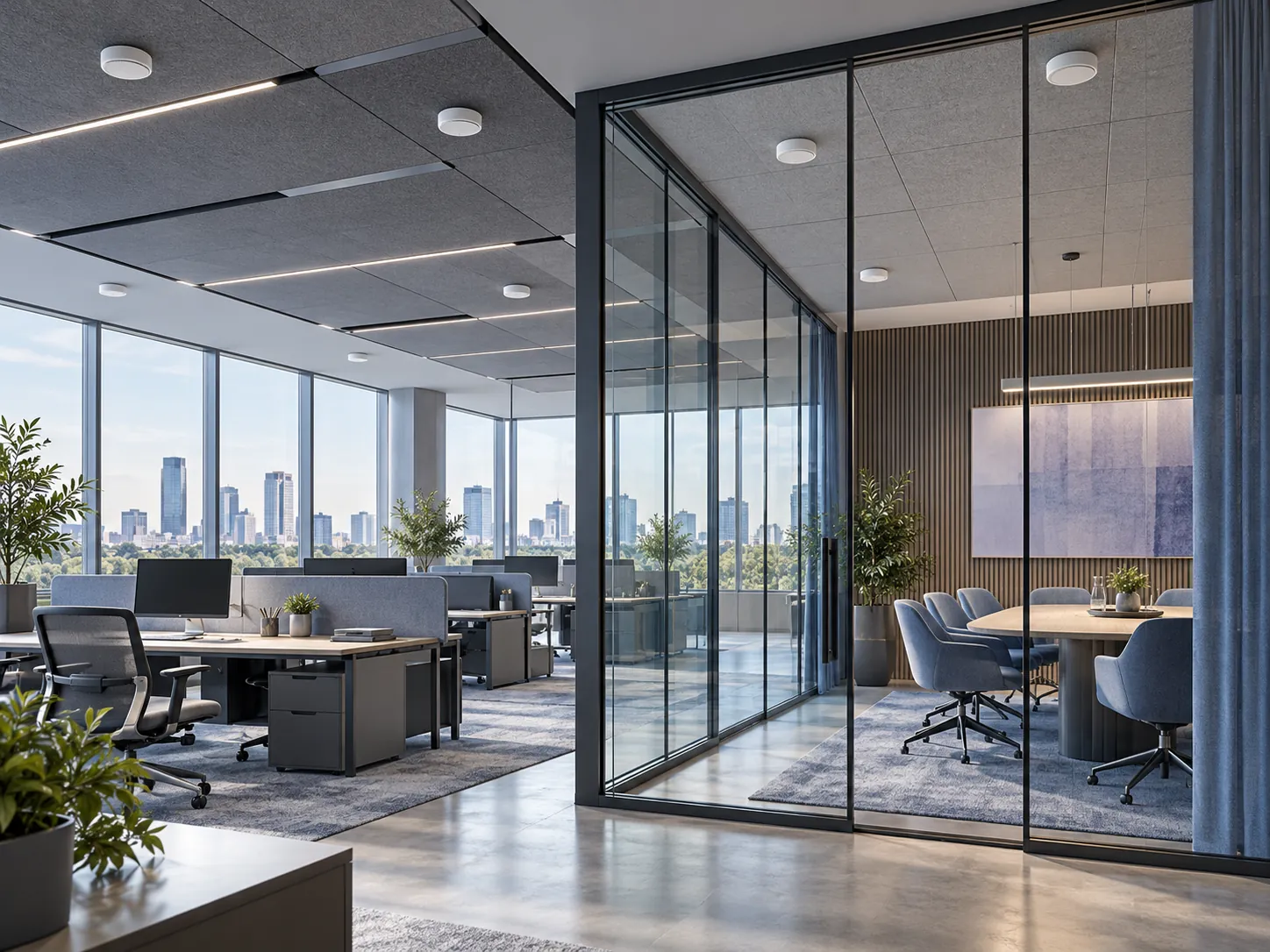Illustration of office and meeting spaces with ceiling sound masking equipment.