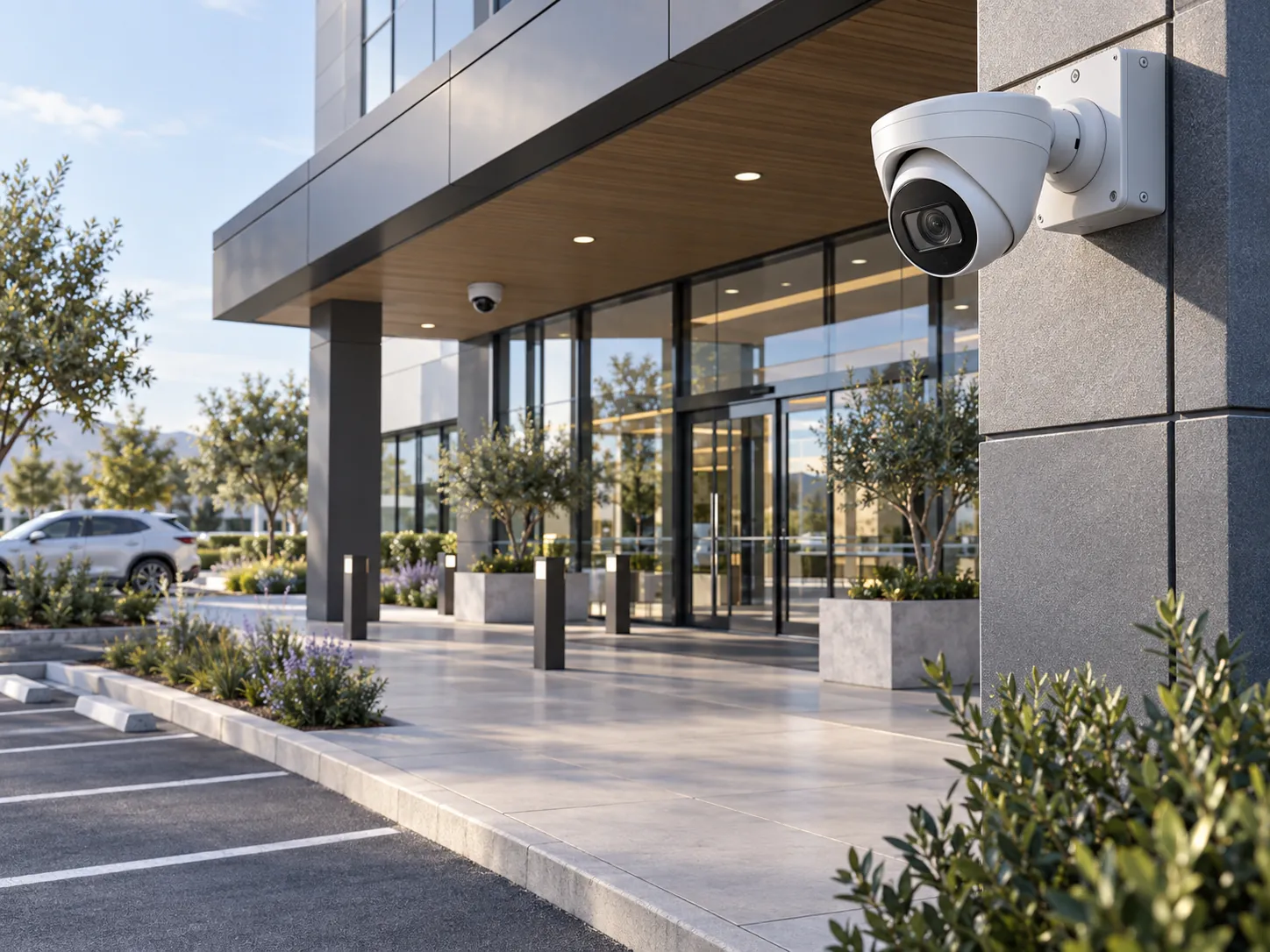 Illustration of commercial video surveillance with cameras overlooking a building entrance and parking area.