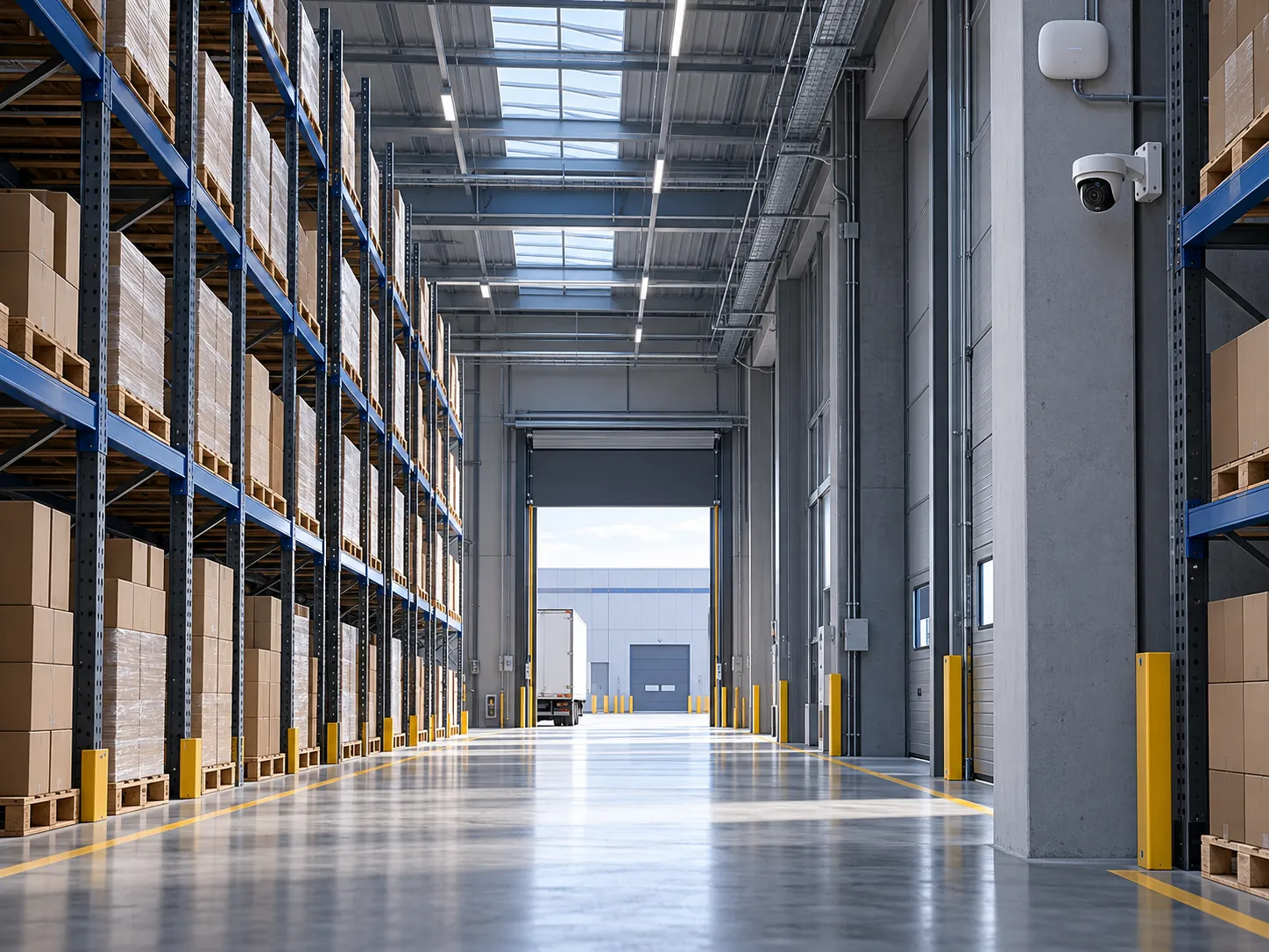 Illustration of a warehouse aisle and loading area with wireless access points and security cameras.