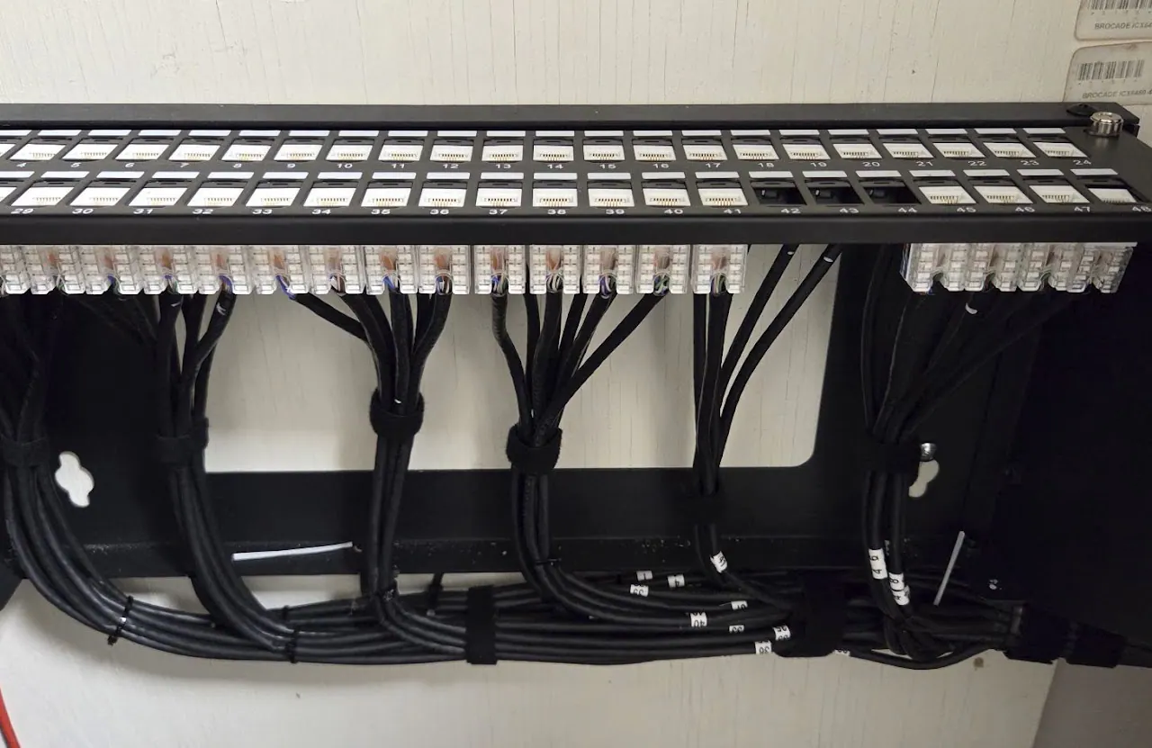 Patch panel with black and white network cables neatly bundled