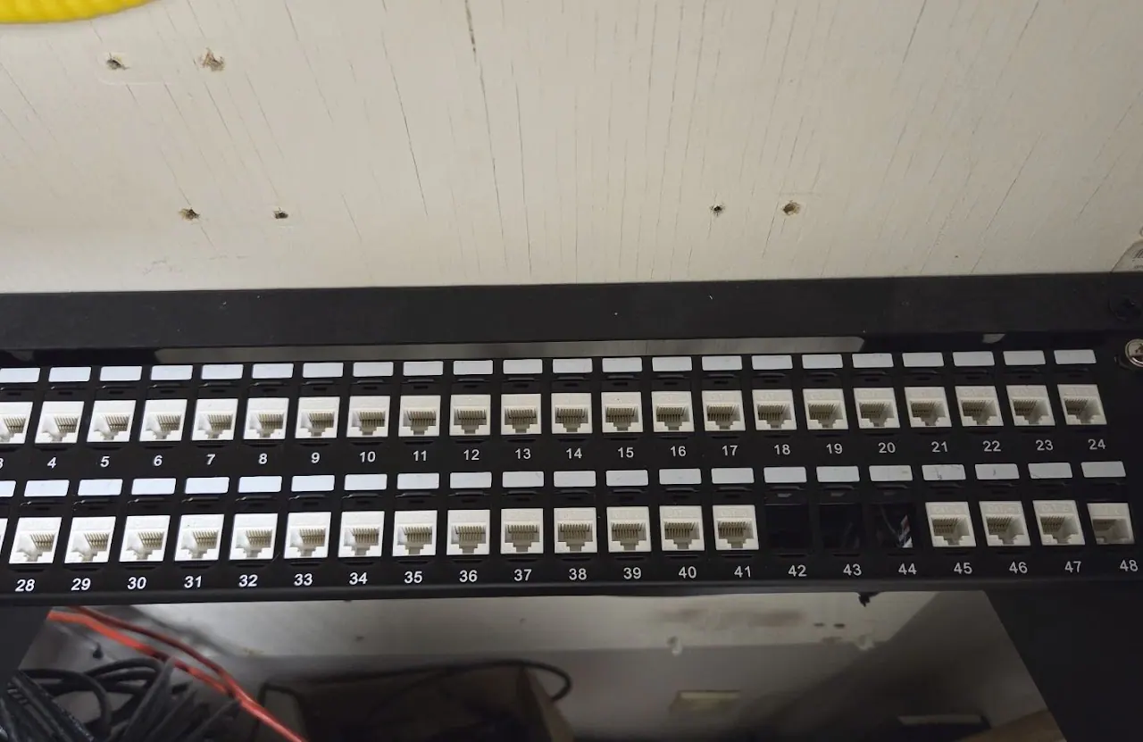Numbered patch panel with unpatched jacks and printed port numbers
