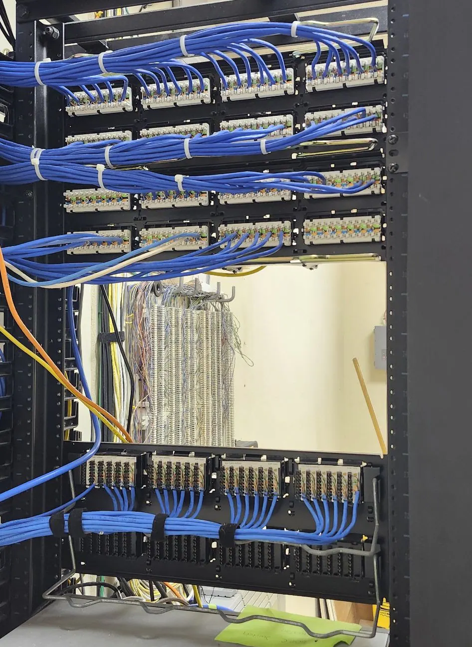 Rack with white patch panels and blue and orange cables