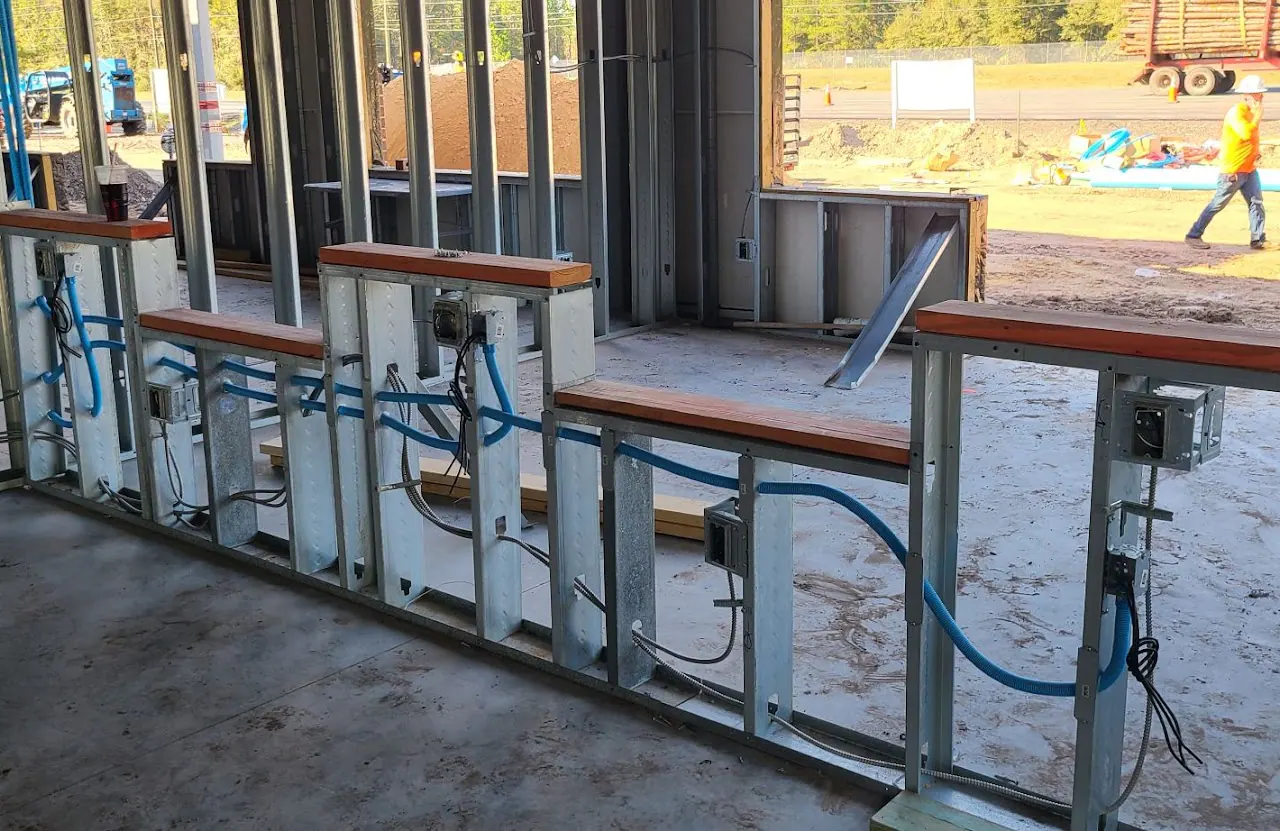 Metal-stud wall framing with conduit and cable runs under construction