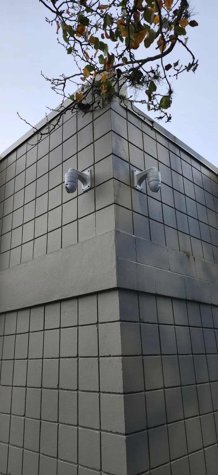Corner of a grey tiled building with small wall devices and branches above